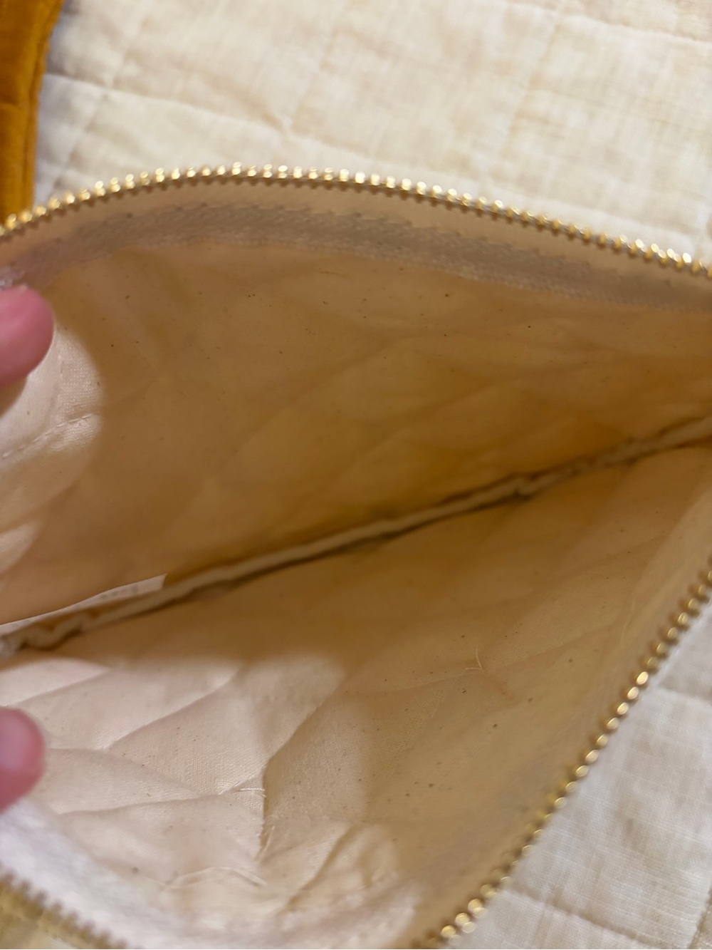 Sezane new cosmetic toiletry pouch zip bag Mustard yellow & Brown Quilted plaid - Picture 2 of 3